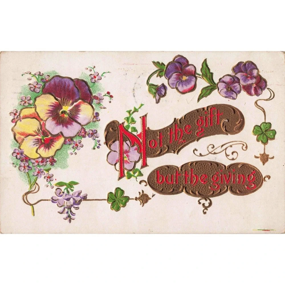 Antique 1910 Embossed Postcard Pansies Not the Gift But Giving Sheboygan WI